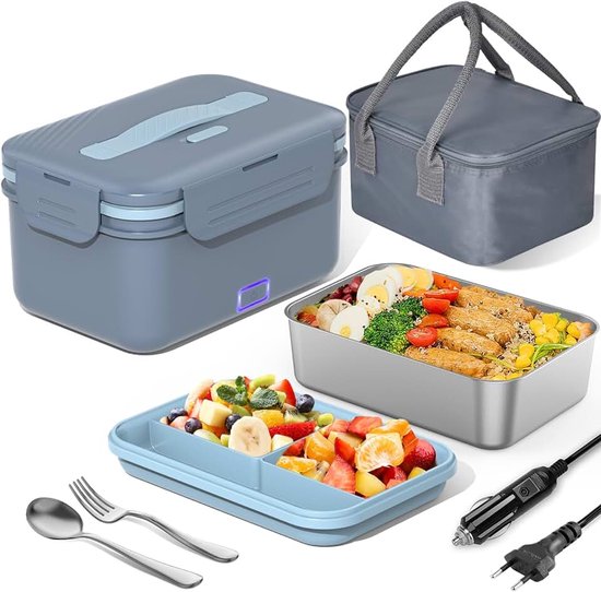 Lunchbox voor volwassenen, 3-in-1, 12/24/220 V, thermo-lunchbox met bestek en geïsoleerde lunchzak, lekvrij, 1,8 l grote container, broodtrommel met vakken voor auto