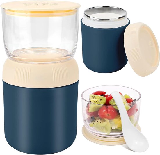 Lunchpot blauwe mueslibeker To Go 700 ml geïsoleerd roestvrij staal To Go beker lekvrije yoghurtbeker muesli onderweg beker magnetron vaatwasmachinebestendig lunchtbeker blik voor yoghurt en van Puckator