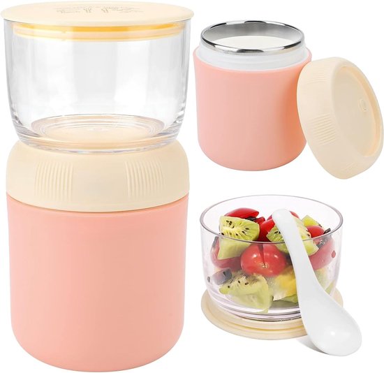 Lunchpot, roze mueslibeker To Go 700 ml, geïsoleerd roestvrij staal, lekvrije yoghurtbeker, muesli, onderweg, beker, magnetron, vaatwasmachinebestendig, lunchbeker, blik voor yoghurt en muesli van Pioneer.