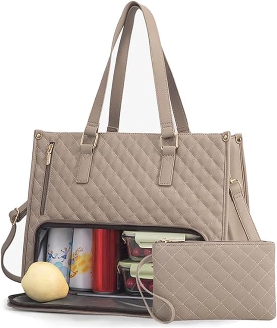 lunchtas 2 in 1 - handtas met veel vakken-handtas met ketting - 15,6 inch laptop tas-15,6 inch laptoptas-handtas-handtassen dames-handtassen-handtas klein-Khaki van Merkloos