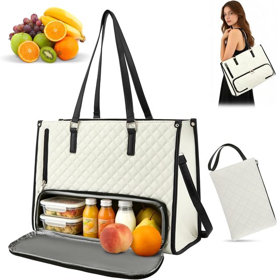 Lunchtas 2-in-1 - Luxe Luncher Werktas - handtas met geïsoleerde lunchkamer - 15,6 inch laptop - Tote Bag - Vrouwen Koeltas - waterdichte kantoortas met antidiefstalbeveiliging - voor werk, universiteit en reizen - wit - zwart