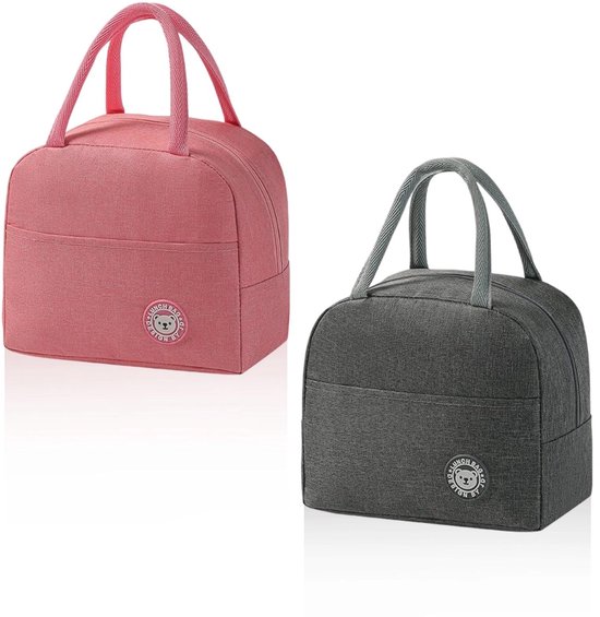 Lunchtas 2 Stuks - Kleine Koeltassen - Grijs/Roze Mini-Koeltas - Praktische Hengsels - Voor School/Kantoor/Familie