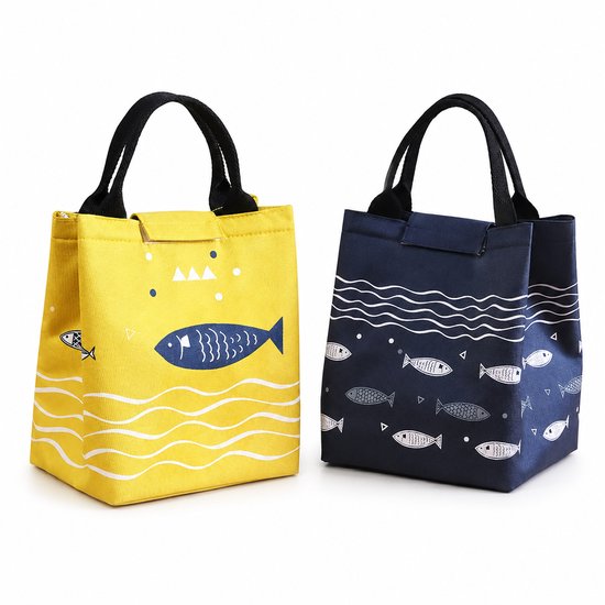 Lunchtas - 2 Stuks Set - Kleine Koeltas voor Werk en School - Opvouwbare Thermotas met Aluminium Isolatie - Lunchbag voor Dames, Heren en Kinderen - Blauw en Geel