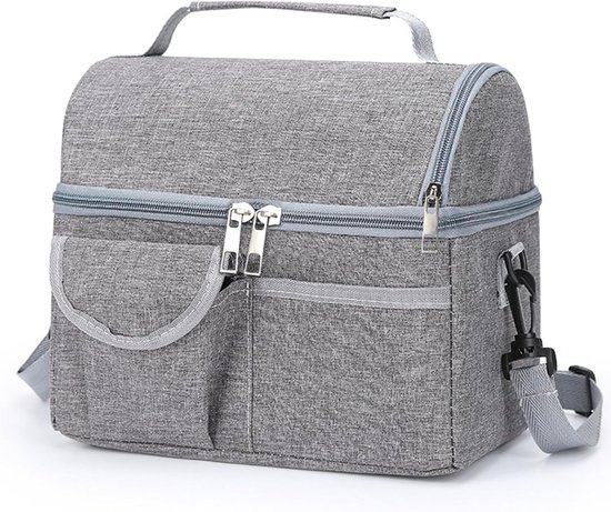 Lunchtas 8,4L met dubbel vak - geïsoleerde koeltas met schouderriem, geschikt voor lunchbox, snacks en drinkfles, voor werk, school en reizen - grijs van Merkloos