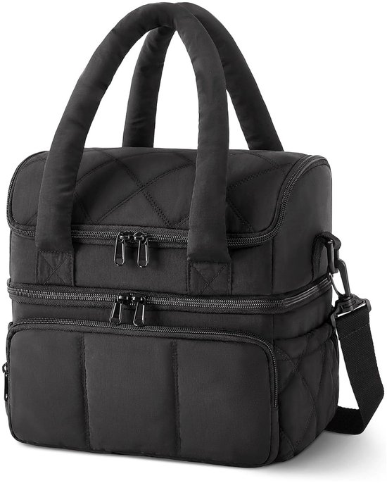 Lunchtas Dames Geïsoleerd – Dubbel Compartiment Lunch Bag – Lekvrije Lunchtas 11,8L – Gevoerde Lunch Koeltas – Schoudertas voor Werk, Picknick & Reizen – Zwart