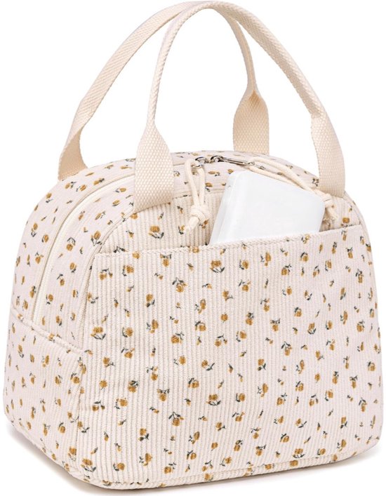 Lunchtas - Geïsoleerde lunchbox - Leuke corduroy lunchtas - Draagbare lunchtas - Bedrukte lunch - Geschikt voor mannen en vrouwen - Herbruikbaar - Grote capaciteit - 9L - Geweldig voor werk, picknicks of reizen - 10 x 7,5 x 7,5 inch - Gele chrysant van Lifewit