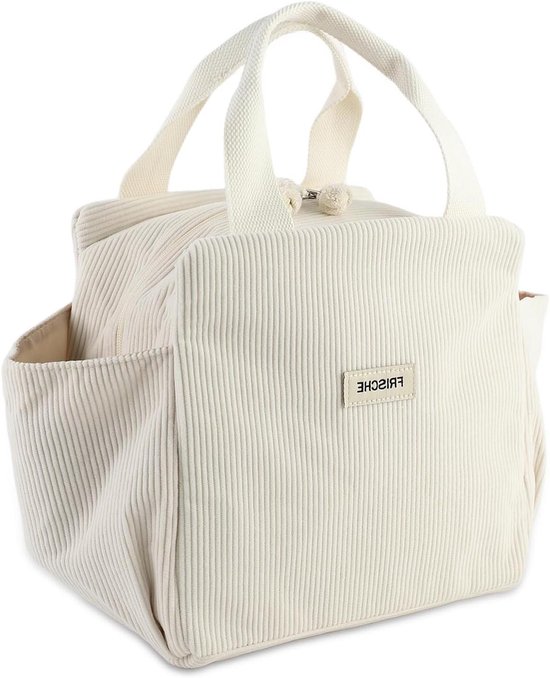 Lunchtas kleine koeltas dames - ribfluweel - grote capaciteit - picknick werk school - beige van Merkloos
