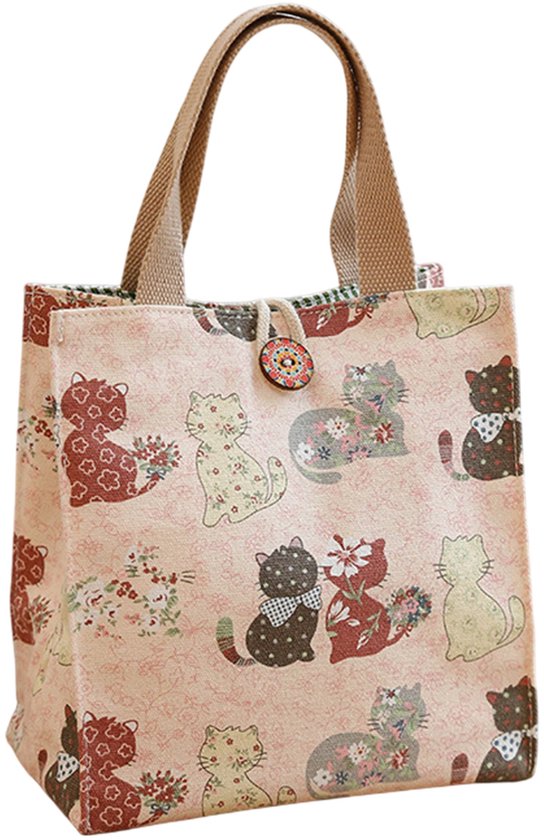 Lunchtas - Lunchbox tas - picknicktas - Canvas lunchbox tas - grote capaciteit - Kat - lunchtas - boodschappentassen - handtassendraagbare lunchtas - Roze - Groot van Decopatent
