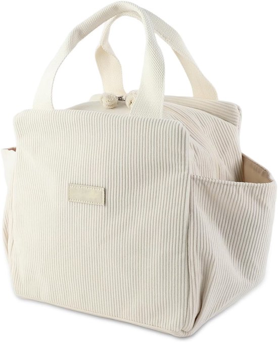 Lunchtas voor Dames - 12L Koeltas - Ribfluweel - Met Zijvakken Grote Capaciteit - Voor Paraplu Waterbeker Tafelservies En Mobiele Telefoon - Geschikt Voor Picknick Werk En School - Beige Kleur - Vershouddoos - Meal Prep Snackbox - Dagelijks Gebruik van Lalune Beach.