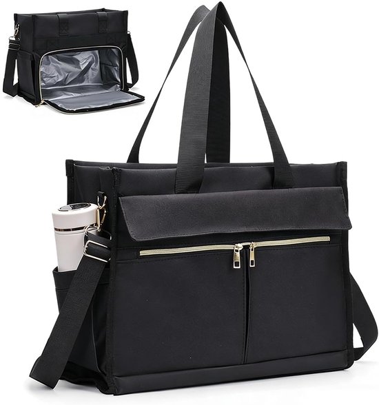Lunchtas voor dames, 15,6 inch laptoptas, met geïsoleerd lunchvak, 2-in-1 zakelijke tas, met gekoeld vak, waterdichte werktas, geschikt voor op kantoor, op school en voor leraren. (Zwart)