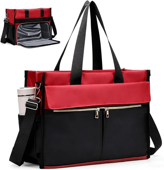 Lunchtas voor dames, 15,6 inch laptoptas, met geïsoleerd lunchvak, 2-in-1 zakelijke tas, met gekoeld vak, waterdichte werktas, geschikt voor op kantoor, school en leraren (rood)