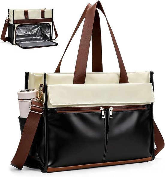 Lunchtas voor dames, 15,6 inch laptoptas, met geïsoleerd lunchvak, 2-in-1 zakelijke tas, met gekoeld vak, waterdichte werktas, geschikt voor op kantoor, school en leraren (zwart en wit)