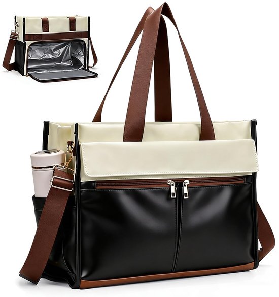 Lunchtas voor dames, 15,6 inch laptoptas met geïsoleerd lunchvak, 2-in-1 zakelijke tas met koelvak, waterdichte werktas voor kantoor, school, leraar, cadeau (zwart en wit)