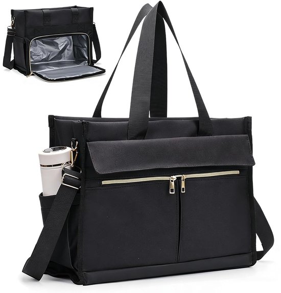 Lunchtas voor dames, 15,6 inch laptoptas met geïsoleerd lunchvak, 2-in-1 zakelijke tas met koelvak, waterdichte werktas voor kantoor, school, leraar, cadeau (zwart)
