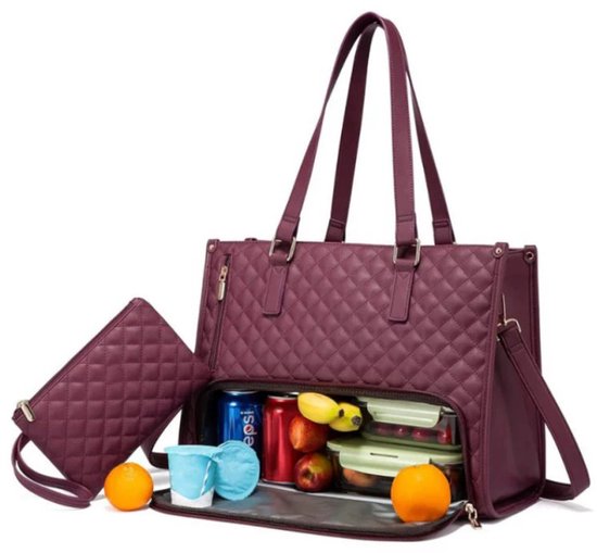 Lunchtas voor dames, 15,6 inch laptoptas met geïsoleerd lunchvak, grote laptoptas met portemonnee voor zaken, werk, verpleegkundige, kantoor, universiteit, vrije tijd, 42 * 18 * 30 cm, bordeauxrood van Lovevook