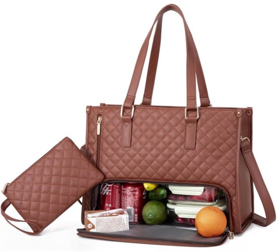 Lunchtas voor dames, 15,6 inch laptoptas met geïsoleerd lunchvak, grote laptoptas met portemonnee voor zaken, werk, verpleegkundige, kantoor, universiteit, vrije tijd, 42 * 18 * 30 cm, bruin van Lovevook
