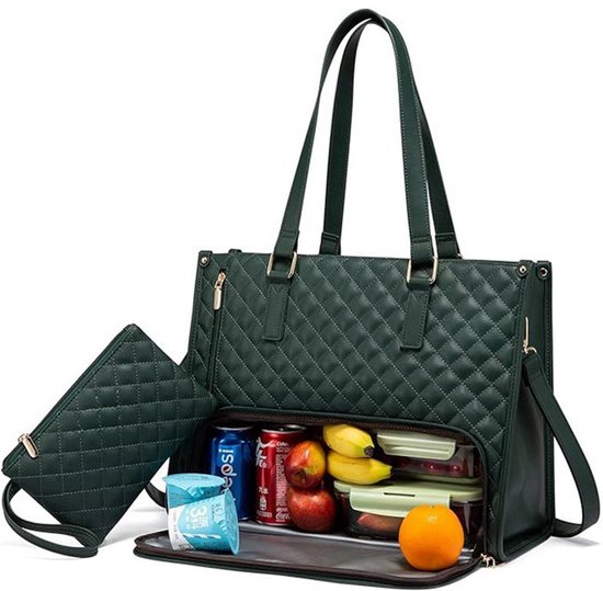 Lunchtas voor dames, 15,6 inch laptoptas met geïsoleerd lunchvak, grote laptoptas met portemonnee voor zaken, werk, verpleegkundige, kantoor, universiteit, vrije tijd, 42 * 18 * 30 cm, groen van Merkloos