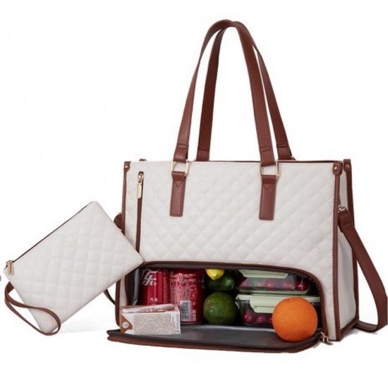 Lunchtas voor dames, 15,6 inch laptoptas met geïsoleerd lunchvak, grote laptoptas met portemonnee voor zaken, werk, verpleegkundige, kantoor, universiteit, vrije tijd, 42 * 18 * 30 cm, wit en bruin van Merkloos