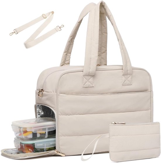 Lunchtas voor dames, 17,3 inch laptoptas met geïsoleerd lunchvak, portemonnee voor muntjes en maaltijden, grote gewatteerde reistas in beige van Merkloos