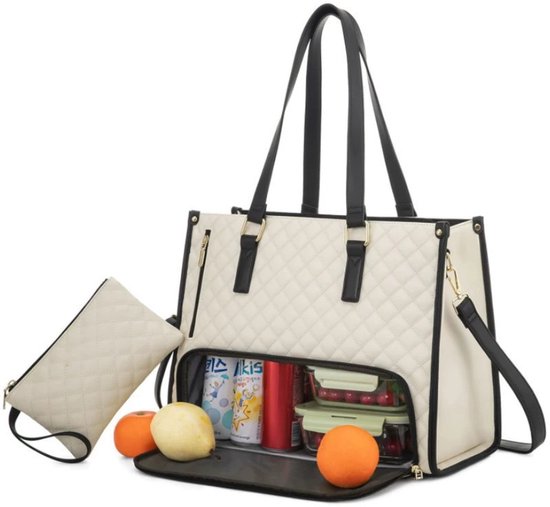 Lunchtas voor dames - Geïsoleerde lunchtas - Handtas - Koeltas - Laptop-/werktas - Handtas met koelbox - Laptoptas met meerdere compartimenten - Gebroken wit van Merkloos