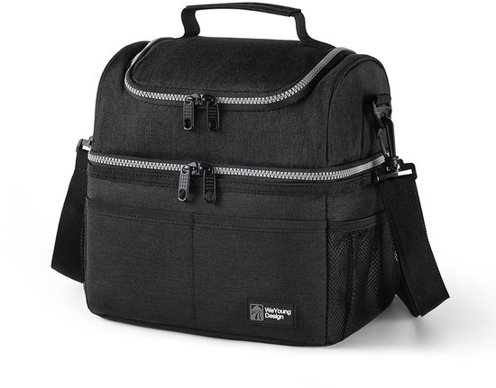 Lunchtas voor Dames & Heren - Geïsoleerde Grote Lunchbag voor Werk - Dubbellaags Lunchbox Maaltijdbereiding - Lekvrij Dual Vak Koeltas - Zacht Lunch Tote voor Jongens, Meisjes, School - Zwart - 16 Blikjes - 1 Stuk
