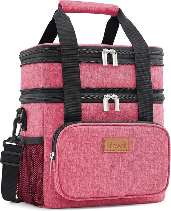 Lunchtas voor mannen en vrouwen, dubbeldekker, medium geïsoleerde zachte koeltas, lekvrij met schouderriem voor volwassenen, voor werk, vlucht/reizen, 12 l/16 blikjes, roze van AMBOR