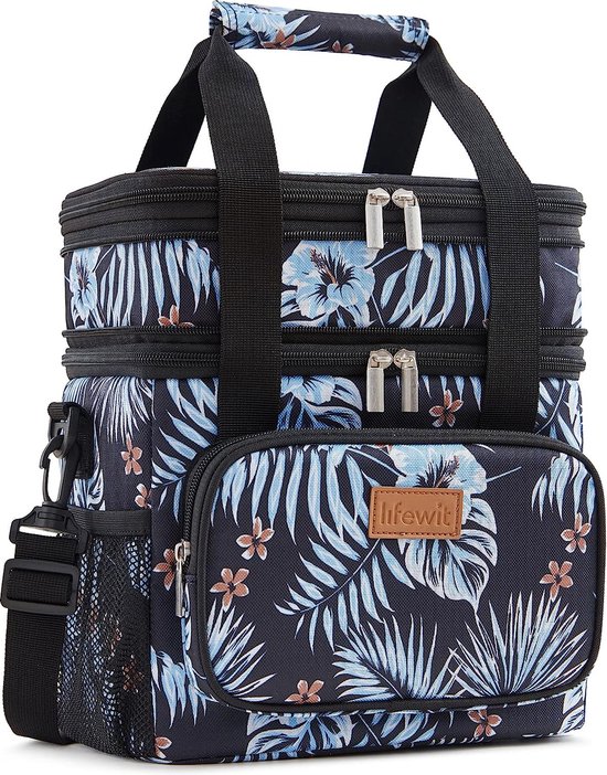 Lunchtas voor mannen en vrouwen, dubbele dekker, medium geïsoleerde zachte koeltas, lekvrij met schouderriem voor volwassenen, voor werk, vluchten/reizen, 12 l/16 blikjes, bloem van Kah&Kee