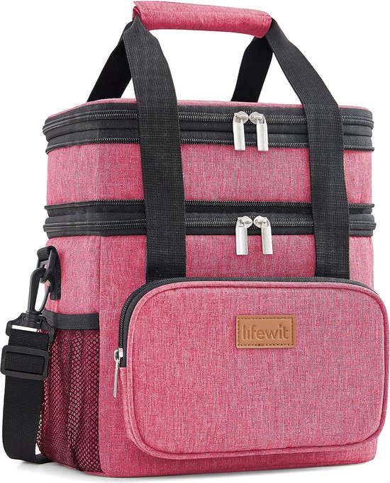 Lunchtas voor mannen en vrouwen, dubbele dekker, medium geïsoleerde zachte koeltas, lekvrij met schouderriem voor volwassenen, voor werk, vluchten/reizen, 12 l/16 blikjes, roze van FlowFly