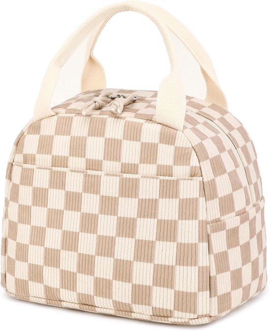 Lunchtas voor mannen en vrouwen, schattige corduroy lunchtas, herbruikbare geïsoleerde lunchbox, grote inhoud, herbruikbare geïsoleerde koelbox voor werk, picknicks of reizen, beige en bruin geruit van FlowFly