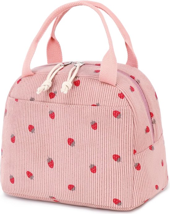 Lunchtas voor mannen en vrouwen, schattige corduroy lunchtas, herbruikbare geïsoleerde lunchbox, grote inhoud, herbruikbare geïsoleerde koelbox voor werk, picknicks of reizen, roze aardbei van Merkloos