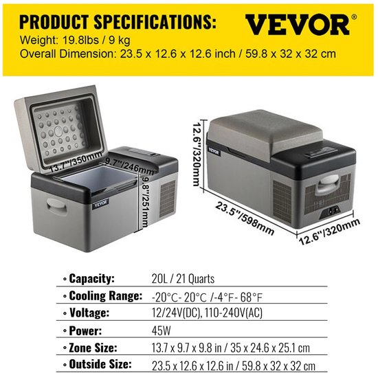 Lunekiss Draagbare Mini Koelkast 20L – Compressor Koelbox – Dual Zone – 12/24V & 110–240V – Grijs van Merkloos