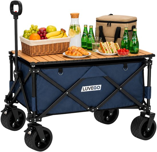 Luvego Bolderkar Opvouwbaar Met Tafel | 150 kg Draagkracht | 165 Liter | Bolderwagen | Met Remmen | Verstelbaar Handvat | Offroadwielen | 360° Wielen | Strand, Camping & Festival | Blauw