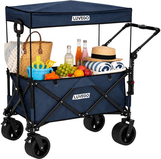 Luvego Bolderkar Set Met Dak En Duwstang | Opvouwbare Bolderkar | Bolderkar Met Dak | Bolderkar Met Duwstang | Strandkar | 100 kg Draagkracht | 140 Liter | Voor Strand, Camping, Festival & Picknick