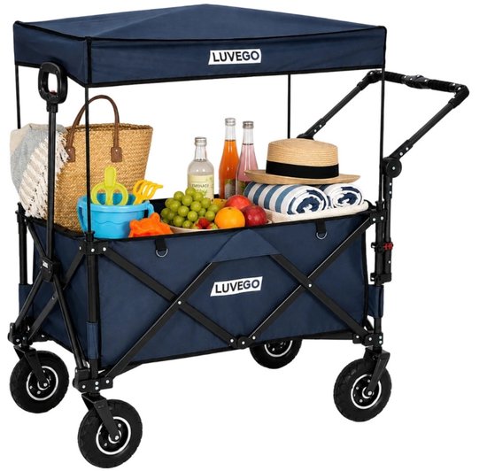 Luvego Bolderkar Set Met Opblaasbare Wielen, Dak En Duwstang | Opvouwbare Bolderkar | Bolderkar Met Dak | Bolderkar Met Duwstang | Strandkar Set | 100 kg Draagkracht | 140 Liter | Voor Strand, Camping & Festival