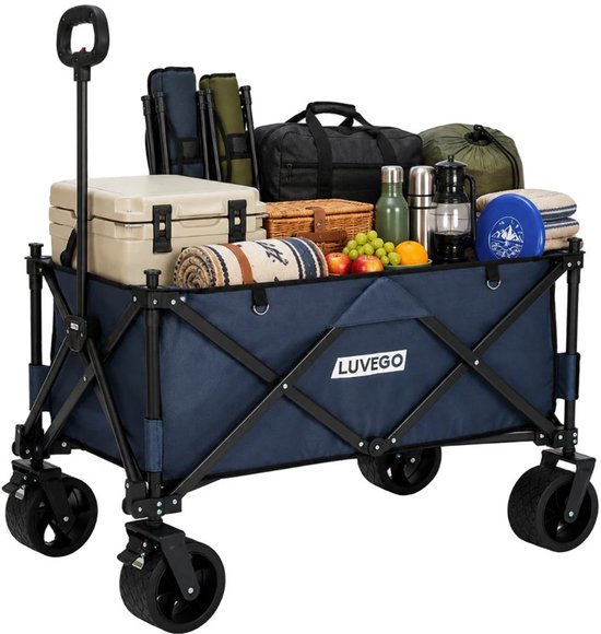 Luvego Opvouwbare Bolderkar - Tot 80KG Draagvermogen - 90L - 90x52x55 CM - 360º Wielen - Bolderwagen / Bolderkarren / Strandkar / Trekkar / Plooibare Bolderkar - Voor Strand - Donkerblauw