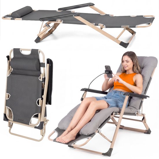 Luverno® Verstelbare Ligbed met Kussen en Telefoonhouder - Ligstoel - Tuinstoel - Campingstoel - Strandstoel - Lounger - tot 120 kg - Opvouwbaar