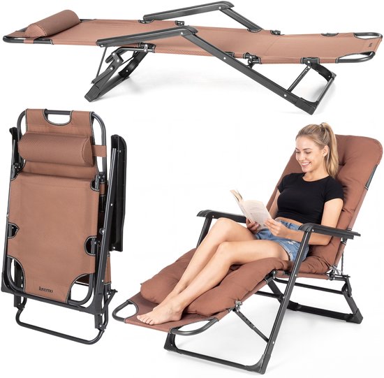Luverno® Verstelbare Ligbed met Kussen - Ligstoel - Tuinstoel - Campingstoel - Strandstoel - Lounger - tot 120 kg - Opvouwbaar van Merkloos
