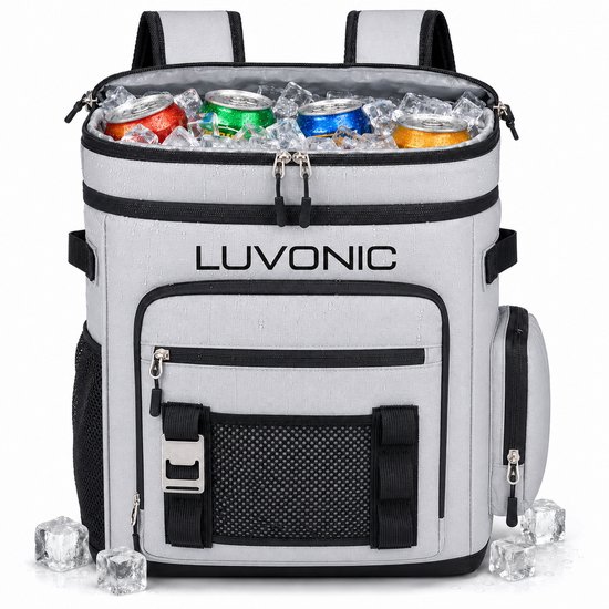 Luvonic® Koeltas Rugzak – 30 Liter Koelrugzak voor 48 Blikjes – Waterdicht & Lekvrij – Premium Koeltas voor Strand, Festival & Camping – Grijs
