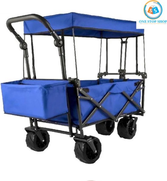Luxe Bolderkar – Opvouwbaar – Bolderwagen – Afneembare Luifel – Kinderenvervoer – Camping Vouwwagenkar – Anti Slip Wiel Massieve Banden – Duwstang – Blauw van Callantsoog.