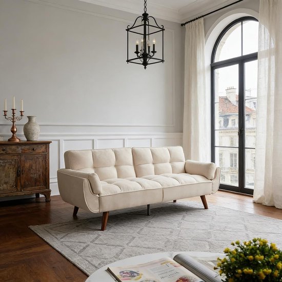 Luxe Convertible 3-Zits Slaapbank 191x75 cm – Verstelbare Rugleuning, Comfortabele Woonkamer Slaapbank Beige van Merkloos