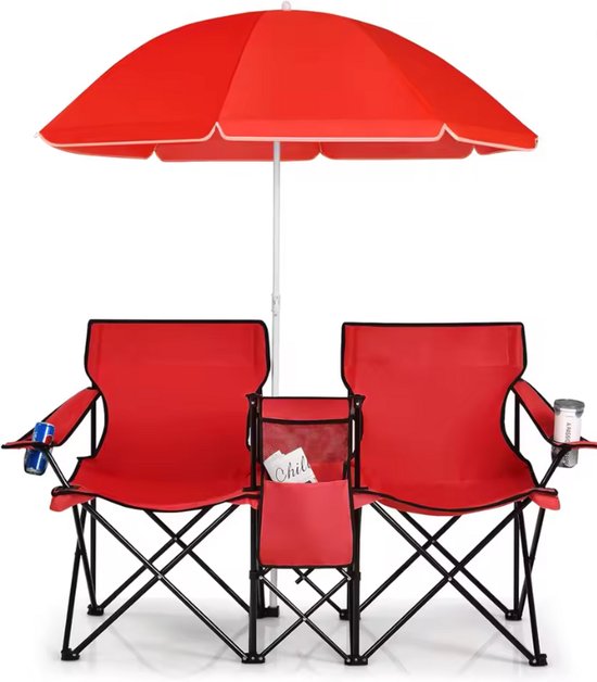 Luxe Dubbele Strandstoel met Verstelbare Parasol - Duo Klapstoel met Geïntegreerde Koelbox - Opvouwbaar & Lichtgewicht - Perfect voor Strand, Tuin of Camping - Rood