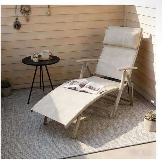 Luxe Opvouwbare Ligstoel Crème-Wit – Verstelbaar Relaxbed voor Binnen & Buiten