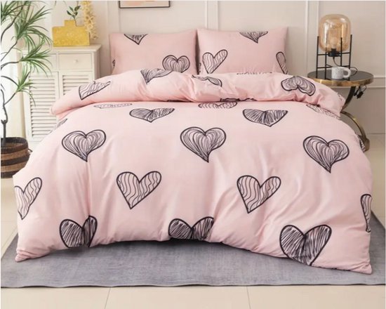Luxe Roze Dekbedovertrek met hartjes 200x200 - 2 Kussenslopen - Ritssluiting - Tweepersoons Dekbedovertrek- Zacht - Mooie voor de Meisjeskamer - Kinderkamer - Romantisch - Beddengoed - Slaapkamer - Cadeau Sint en Kerst - Hoge Kwaliteit - Liefde van Merkloos