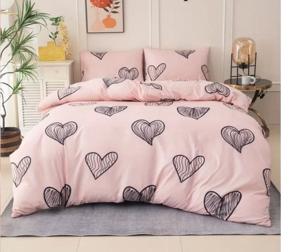 Luxe Roze Eenpersoons Dekbedovertrek met hartjes 135x200 - 2 Kussenslopen - Ritssluiting - Tweepersoons Dekbedovertrek- Zacht - Meisjeskamer - Kinderkamer - Romantisch - Beddengoed - Slaapkamer - Cadeau Sint en Kerst - Hoge Kwaliteit - Liefde van Merkloos