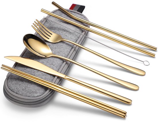 Luxe RVS Bestekset Goud - 7-Delige Herbruikbare Bestek Set met Mes, Vork, Lepel, Eetstokjes en Rietjes - Inclusief Opberg Etui - Duurzaam Reisbestek
