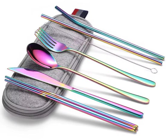 Luxe RVS Bestekset Regenboog - 7-Delige Herbruikbare Bestek Set met Mes, Vork, Lepel, Eetstokjes en Rietjes - Inclusief Opberg Etui - Duurzaam Reisbestek
