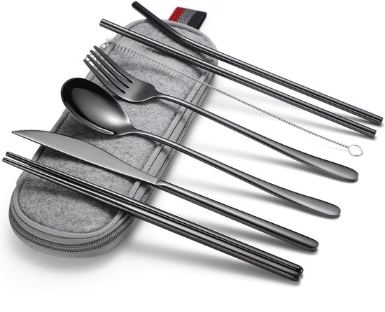 Luxe RVS Bestekset Zwart - 7-Delige Herbruikbare Bestek Set met Mes, Vork, Lepel, Eetstokjes en Rietjes - Inclusief Opberg Etui - Duurzaam Reisbestek