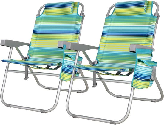 Luxe Strandstoel Set van 2 - Verstelbaar (5 Standen) - Inklapbaar met Rugzakbanden, Koeltas & Handdoekrek - Groen/Blauw Gestreept