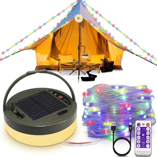 LYNEXA® Camping Lamp - Zaklamp - Lichtsnoer Buiten - Kampeerlamp Oplaadbaar - RGB Lichtslinger met Afstandsbediening - SOS Verlichting - 4in1 - Powerbank USB & Zonne-Energie - 7.5M - 8 Lichtstanden van Merkloos