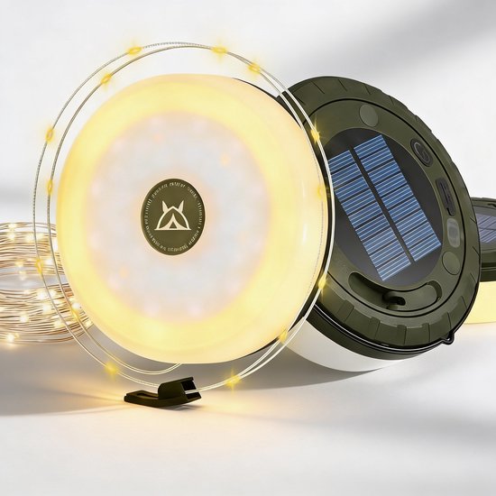 LYNEXA® Camping lamp - Zaklamp - Lichtsnoer buiten - Lichtslinger - Kampeerlamp met oplaadbaar - 4in1 - Powerbank USB & Zonne-energie - 10m - 4 standen van Merkloos